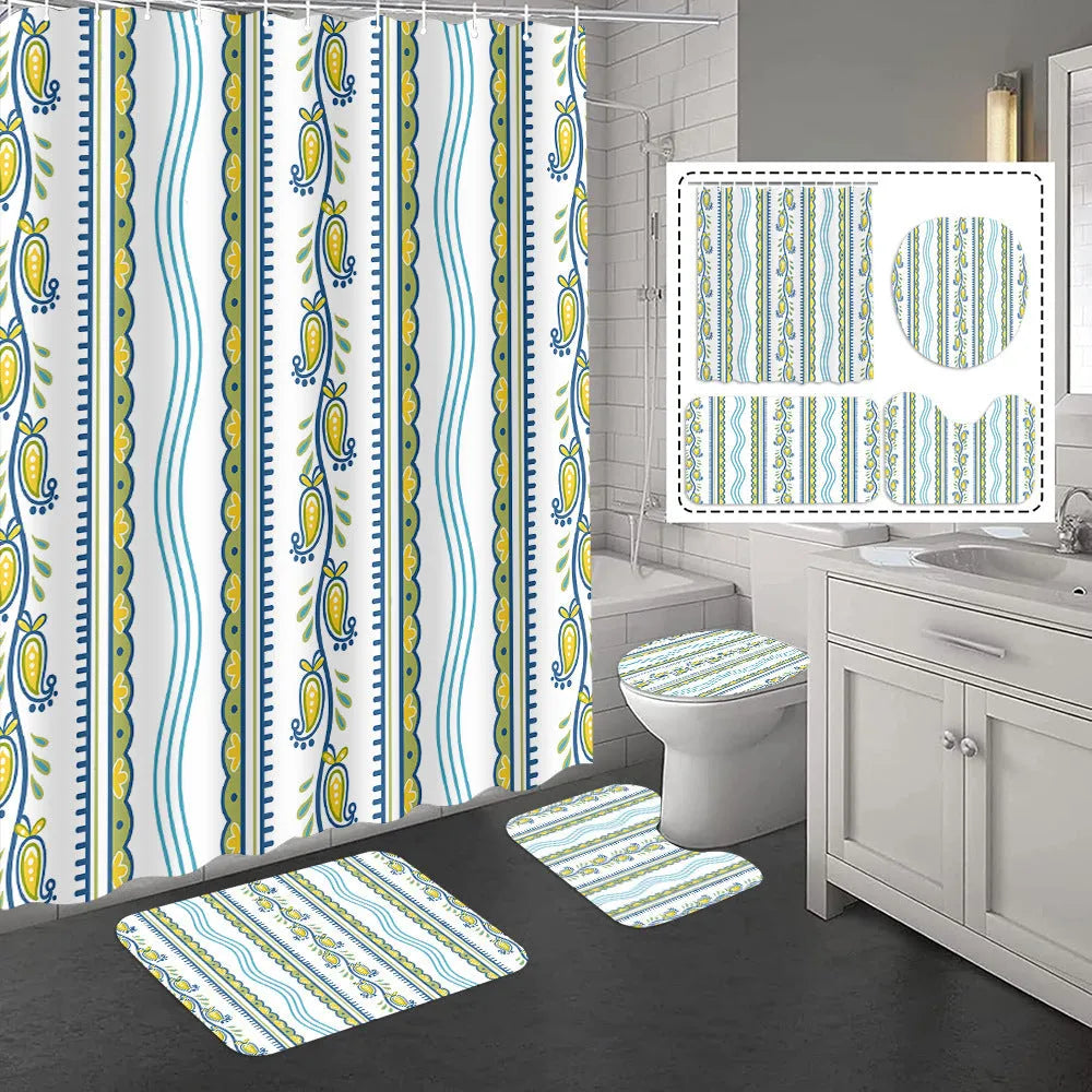 Printed polyester shower curtain and anti-slip mat set in 25 colours, with sizes from 90cm x 180cm to 180cm x 200cm