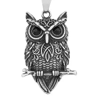 Titanium steel men's necklace with polished black eye owl pendant on O-link chain
