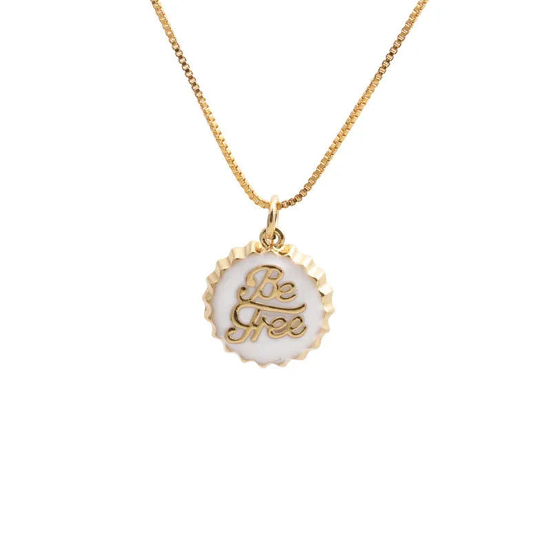 Copper Be Free bottle cap pendant necklace with a 40cm box chain in a selected electroplated colour.