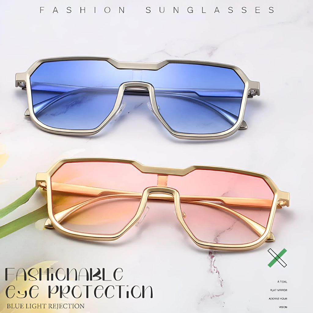 Punk metal sunglasses for men with gold frame and gray piece lenses, personality style