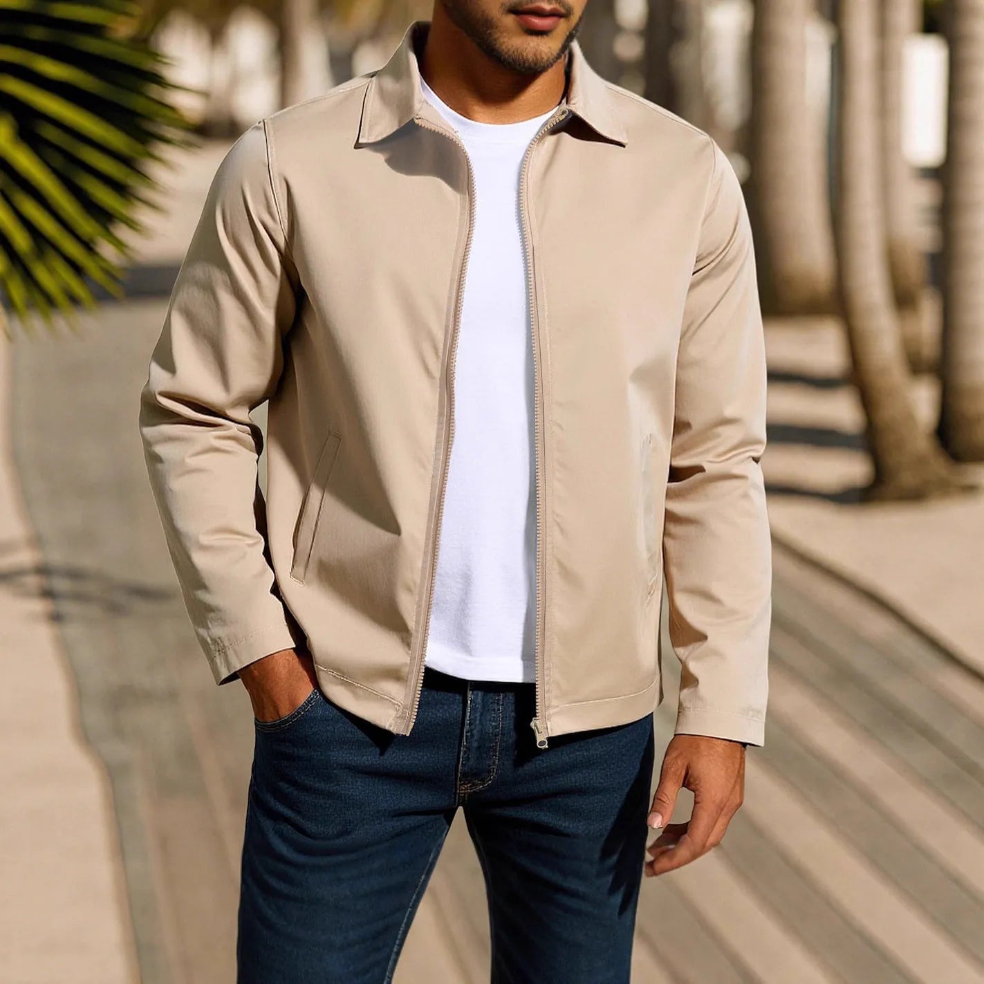 Men's emerald green zip-up cardigan jacket with raglan sleeves on a hanger.