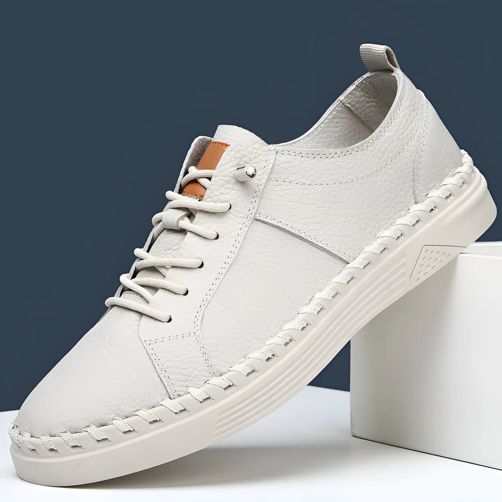 Men's beige and black cowhide leather sneakers with round toe and mesh lining