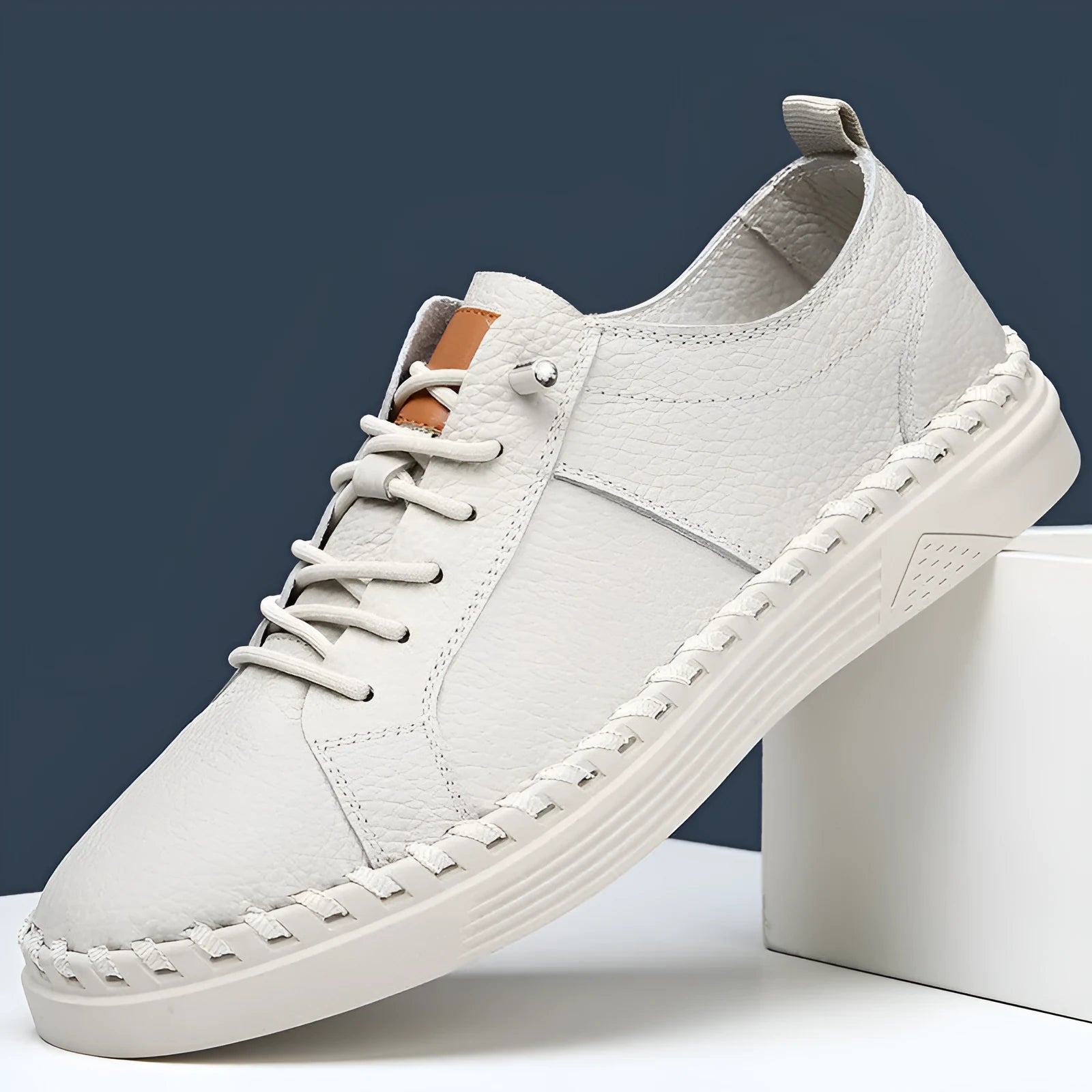 Men's beige and black cowhide leather sneakers with round toe and mesh lining