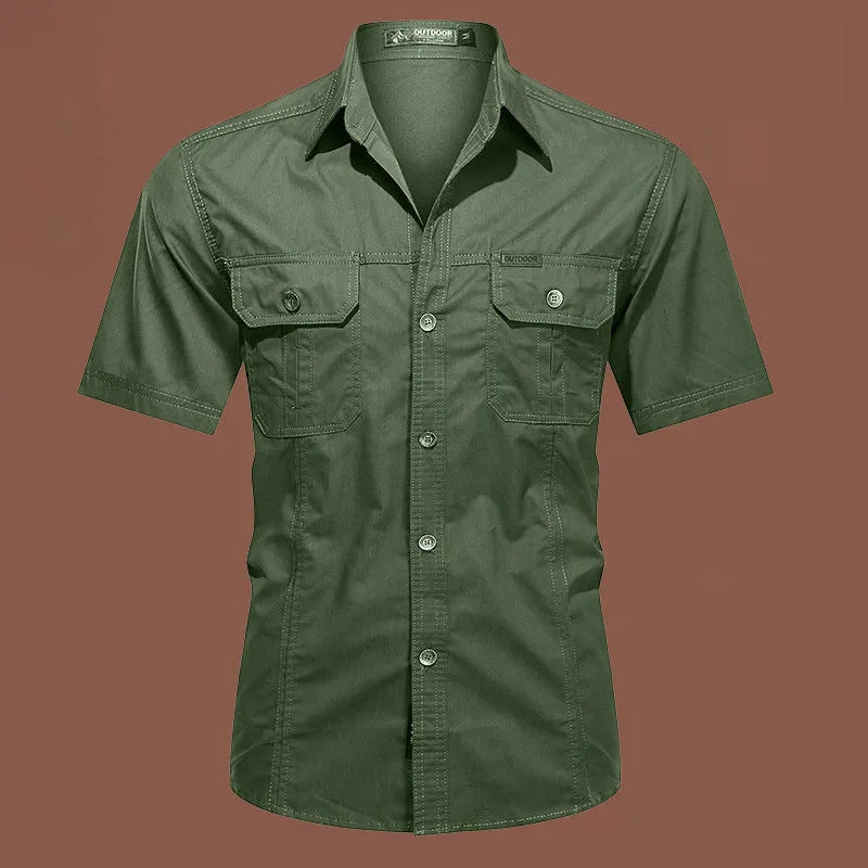 Men's loose beige cotton short sleeve cardigan-style work shirt on a hanger.