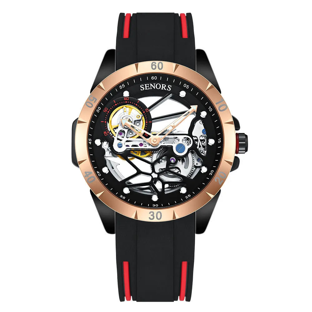 Men's automatic skeleton watch showing mechanical movement through dial, 16mm thickness case, rose gold tone with blue accents