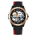 Men's automatic skeleton watch showing mechanical movement through dial, 16mm thickness case, rose gold tone with blue accents