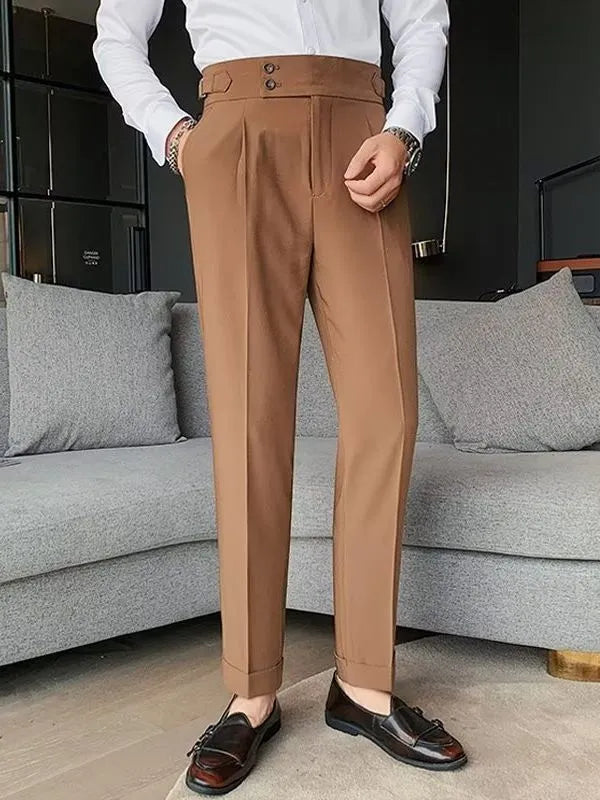 Retro high waist straight leg casual trousers in a cotton blend fabric, shown in a neutral colour.