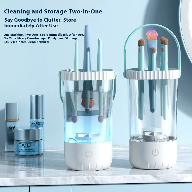 White rechargeable electric makeup brush cleaning device with data cable.
