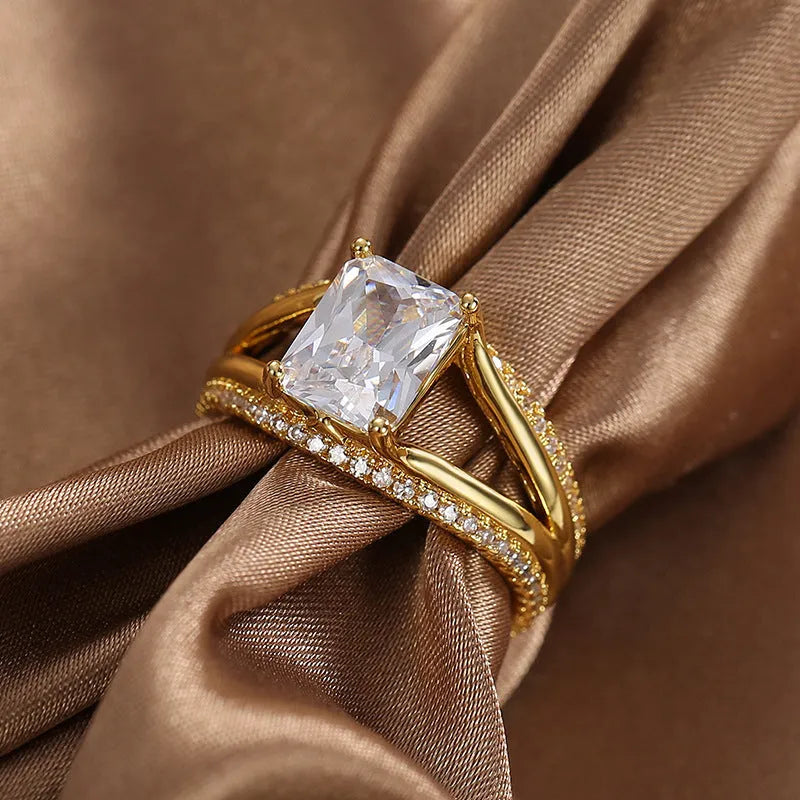Gold geometric women's ring with square zircon stone on copper band