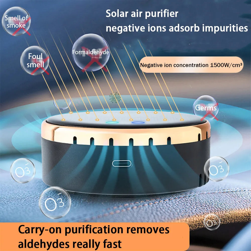 Solar-powered car air humidifier mounted on a vehicle vent in black, gold, or red.