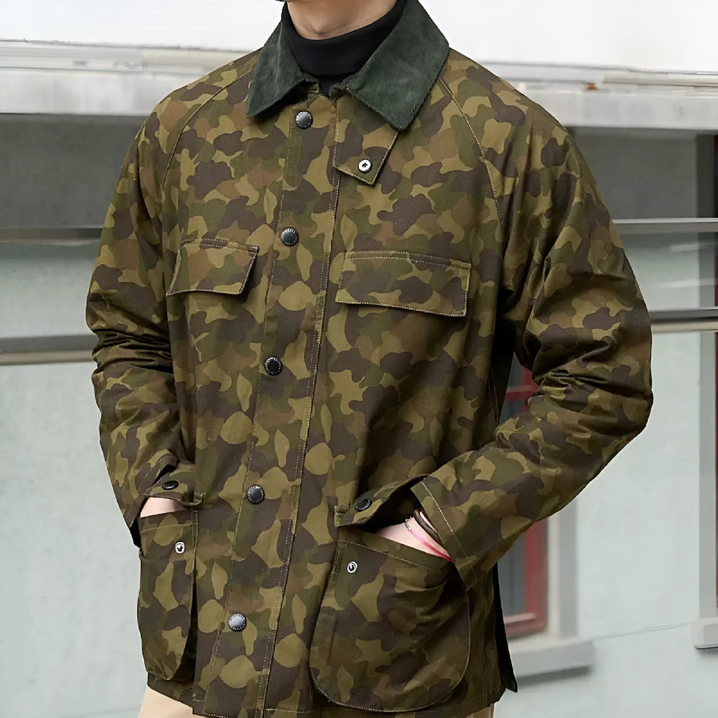 Men's cotton stitching workwear jacket in army green, khaki, tiger pattern or new rainforest camouflage, sizes S to XXL