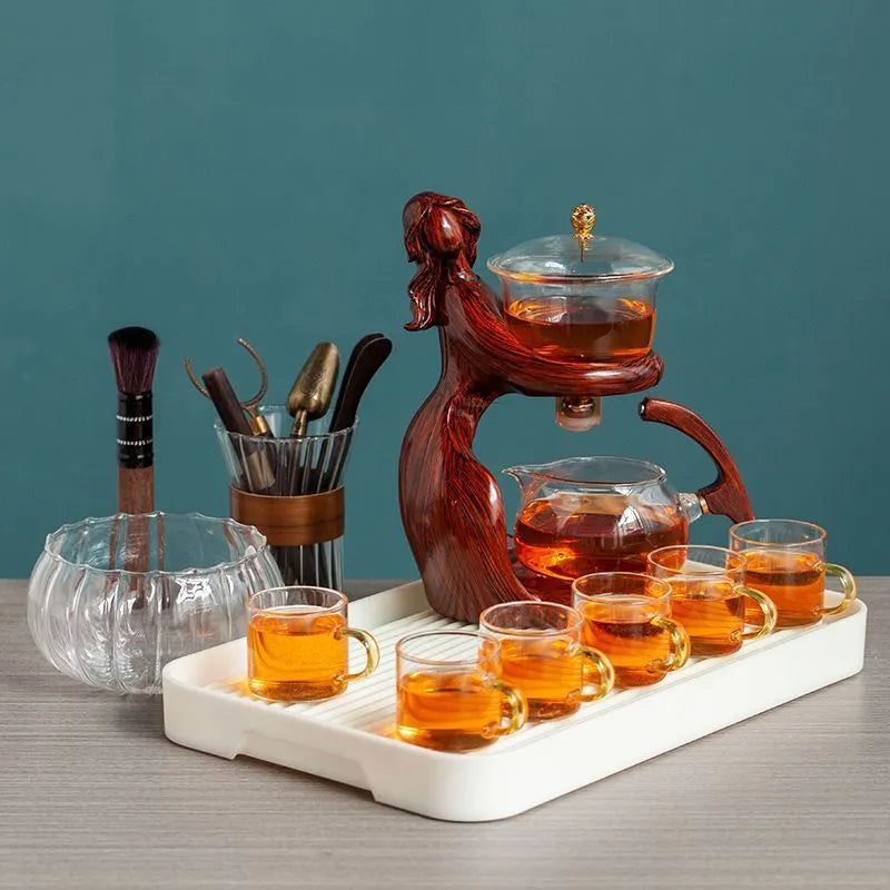 Maid semi-automatic borosilicate glass teapot set with stainless steel filter and Chinese-style woman sculpture frame