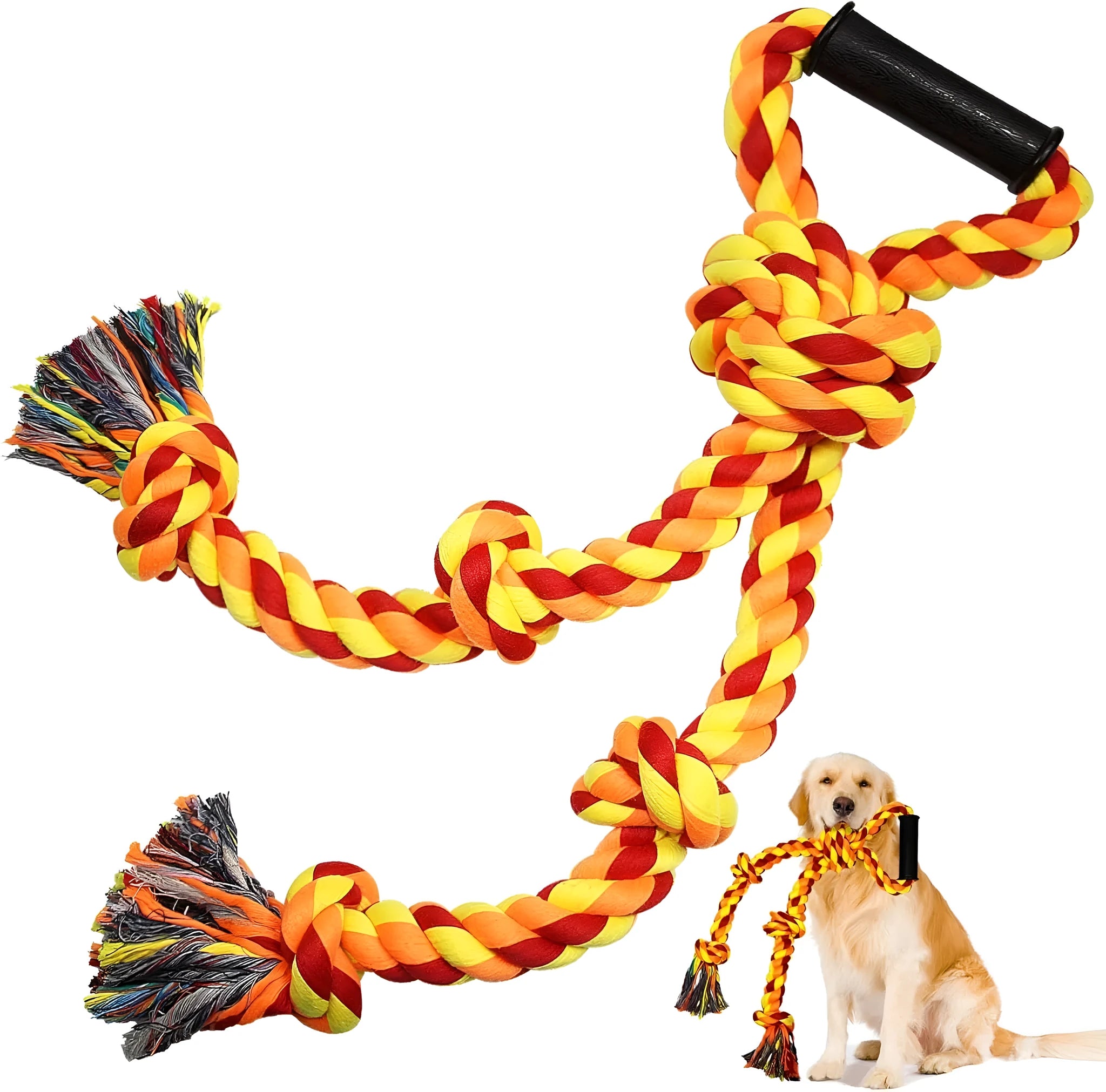 Blue and yellow heavy-duty cotton dog rope toy with a large handle for tug of war.