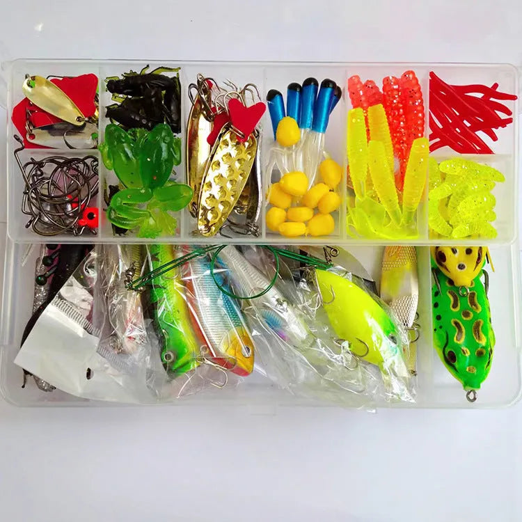 Fishing lure collection showing metal hard mino baits with sequins, plastic lures, fishhooks and fishing pliers