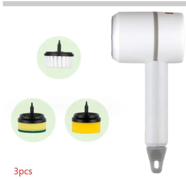 Green electric cleaning brush with three interchangeable scouring pad, brush, and sponge heads on a white background.