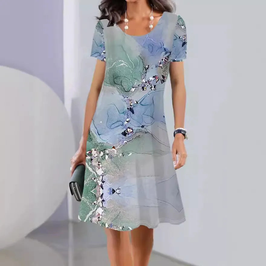 Women's ice silk A-line dress with short sleeves and printed floral pattern, shown in mid-length.