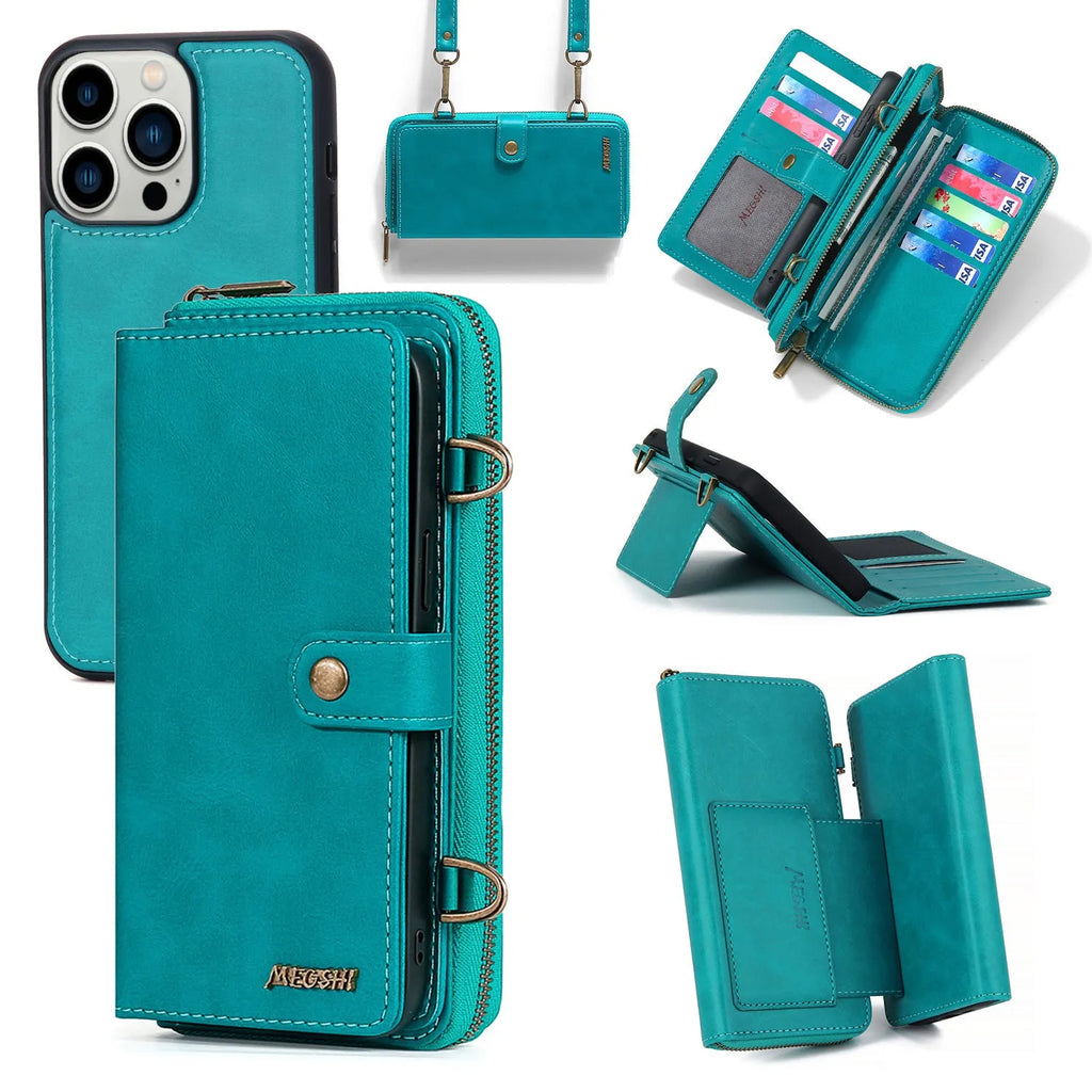 PU crossbody wallet phone case with card slot, lanyard, bracket, and magnetic suction, in black, brown, red, or blue.