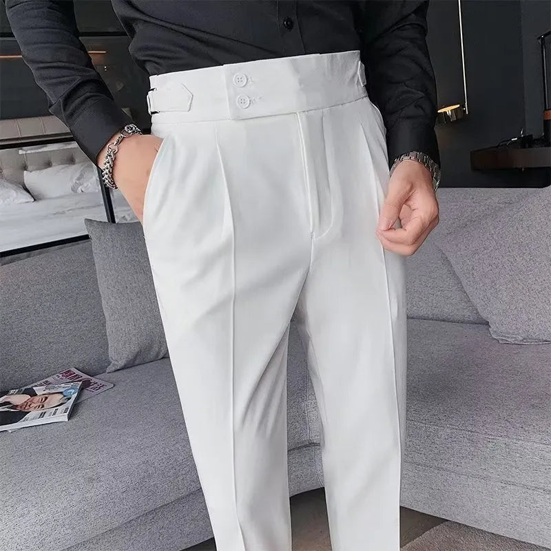 Retro high waist straight leg casual trousers in a cotton blend fabric, shown in a neutral colour.
