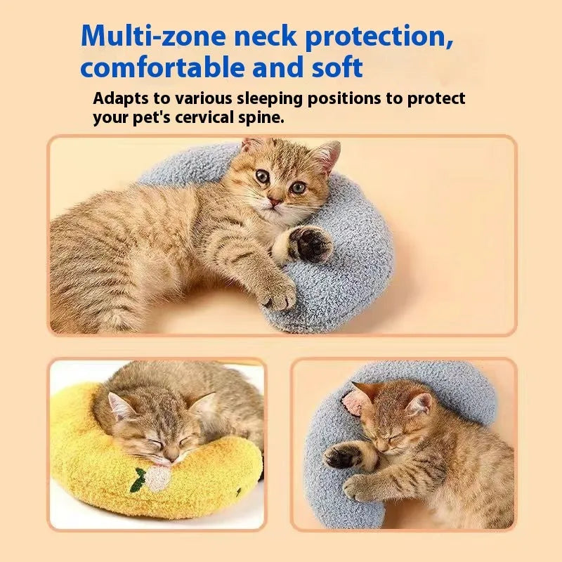 Blue and yellow question mark shaped cat bed with a built-in U-shaped neck support pillow on a wooden floor.