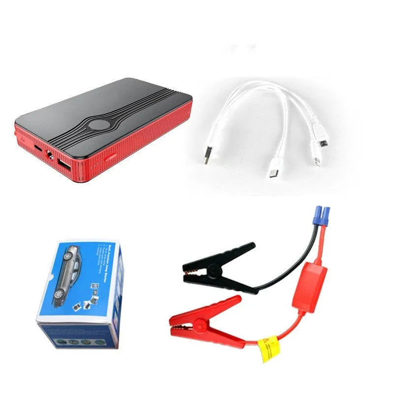 Compact red K4-E car jump starter and power bank with USB port and display.