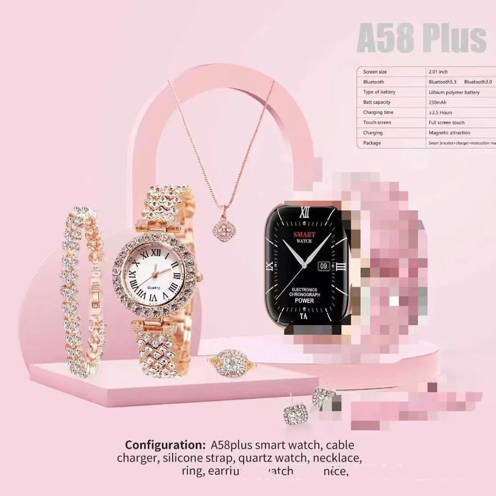 A58plus smart watch in black, gold, silver, grey, or beige with a TFT screen and head strap.
