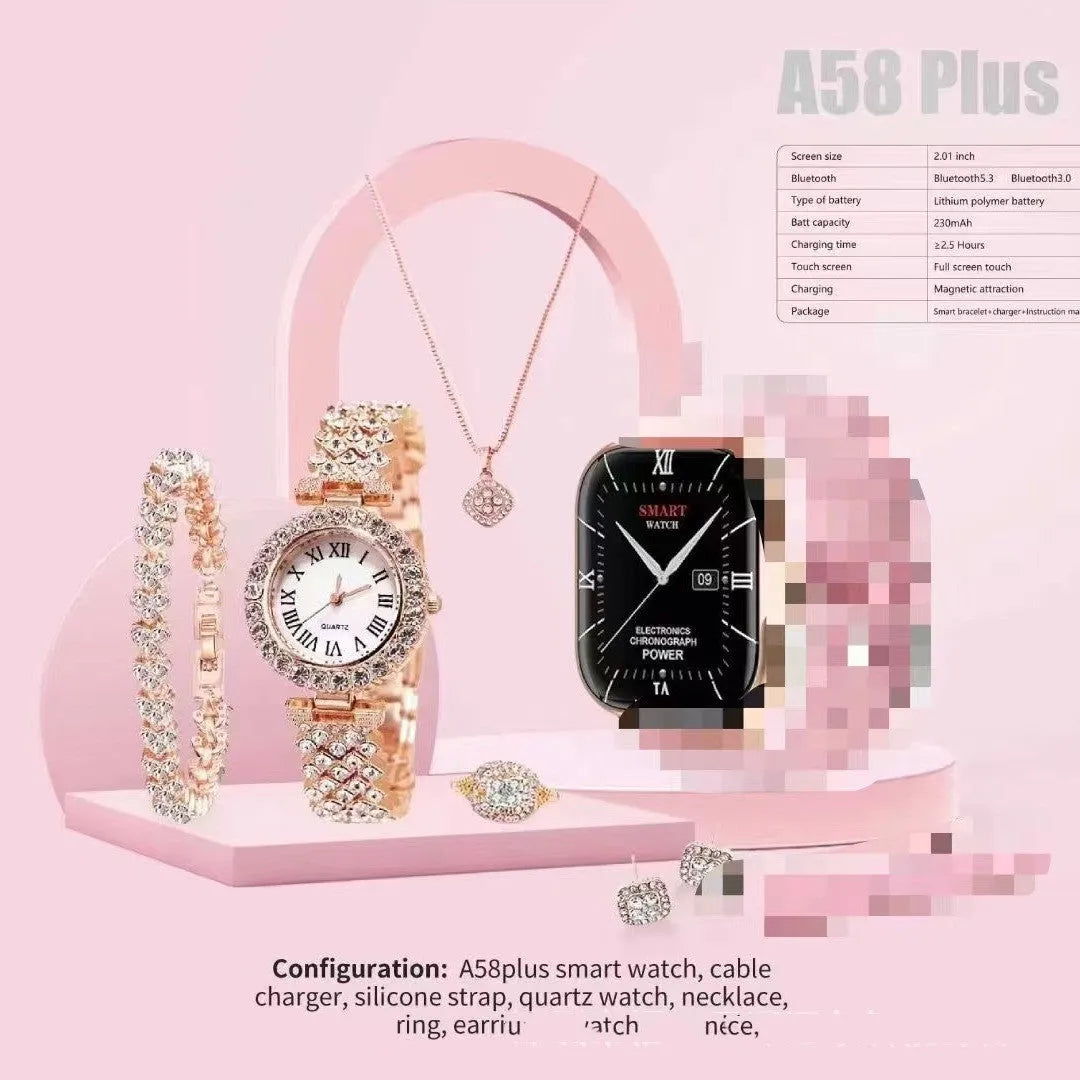 A58plus smart watch in black, gold, silver, grey, or beige with a TFT screen and head strap.