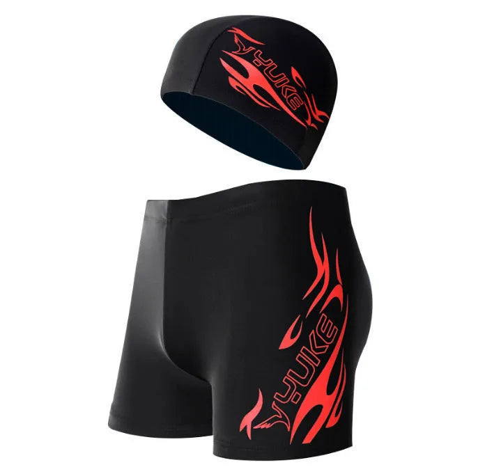 Men's plus size boxer swimming trunks with blue fire pattern on black background.