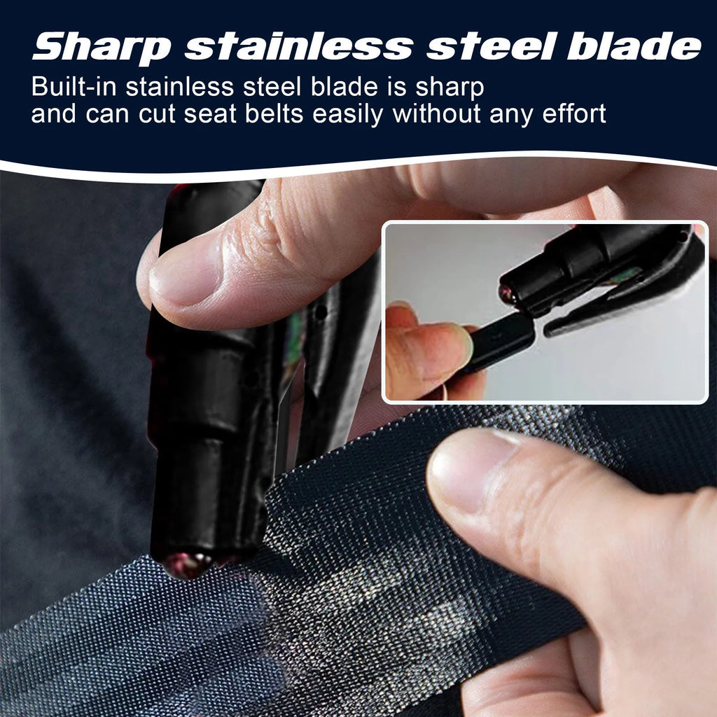 Compact car emergency escape hammer with glass breaking tip and seatbelt cutter measuring 3.5 by 7.5cm