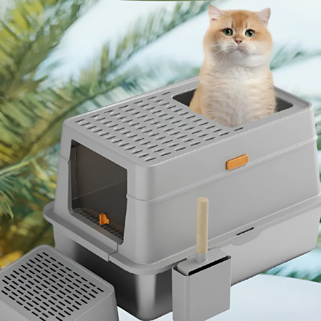 Grey enclosed cat litter box with stainless steel frame and pedal-operated lid
