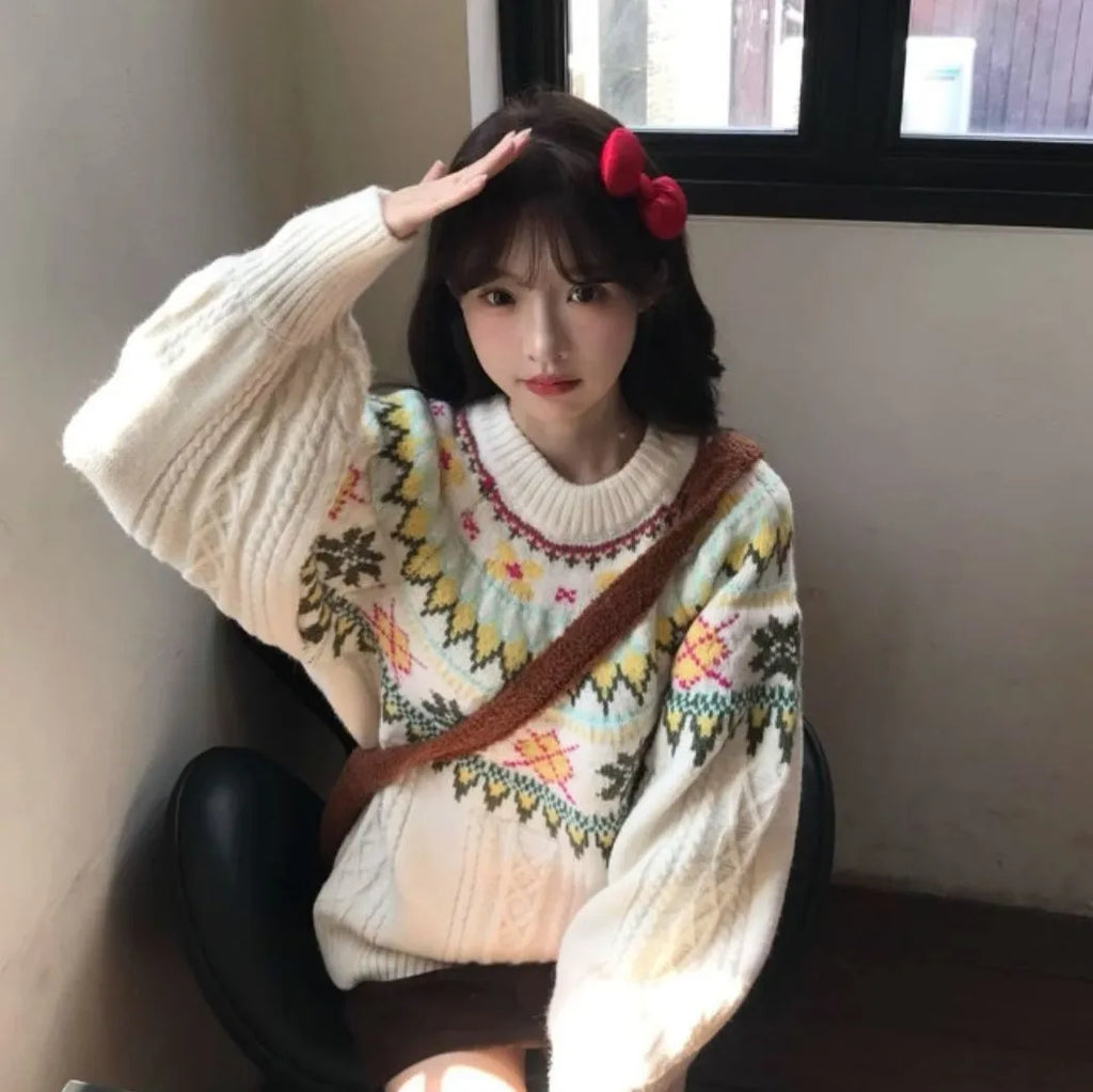 Women's milky white lantern sleeve loose mori knitwear pullover on hanger