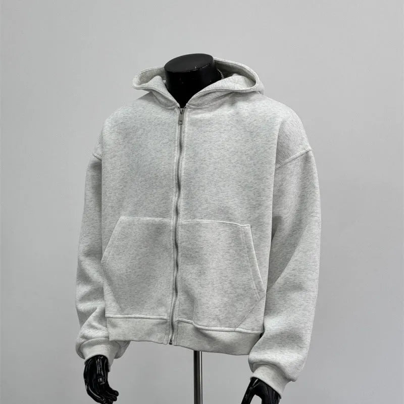 Men's grey hoodie with back schoolbag design, zip-up front and hood, polyester-cotton fabric