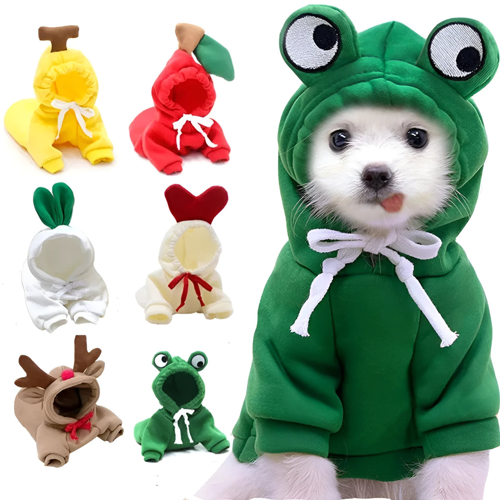 Cute fruit dog hoodie with drawstring apple design on a small Chihuahua, warm winter fleece coat in soft cloth fabric