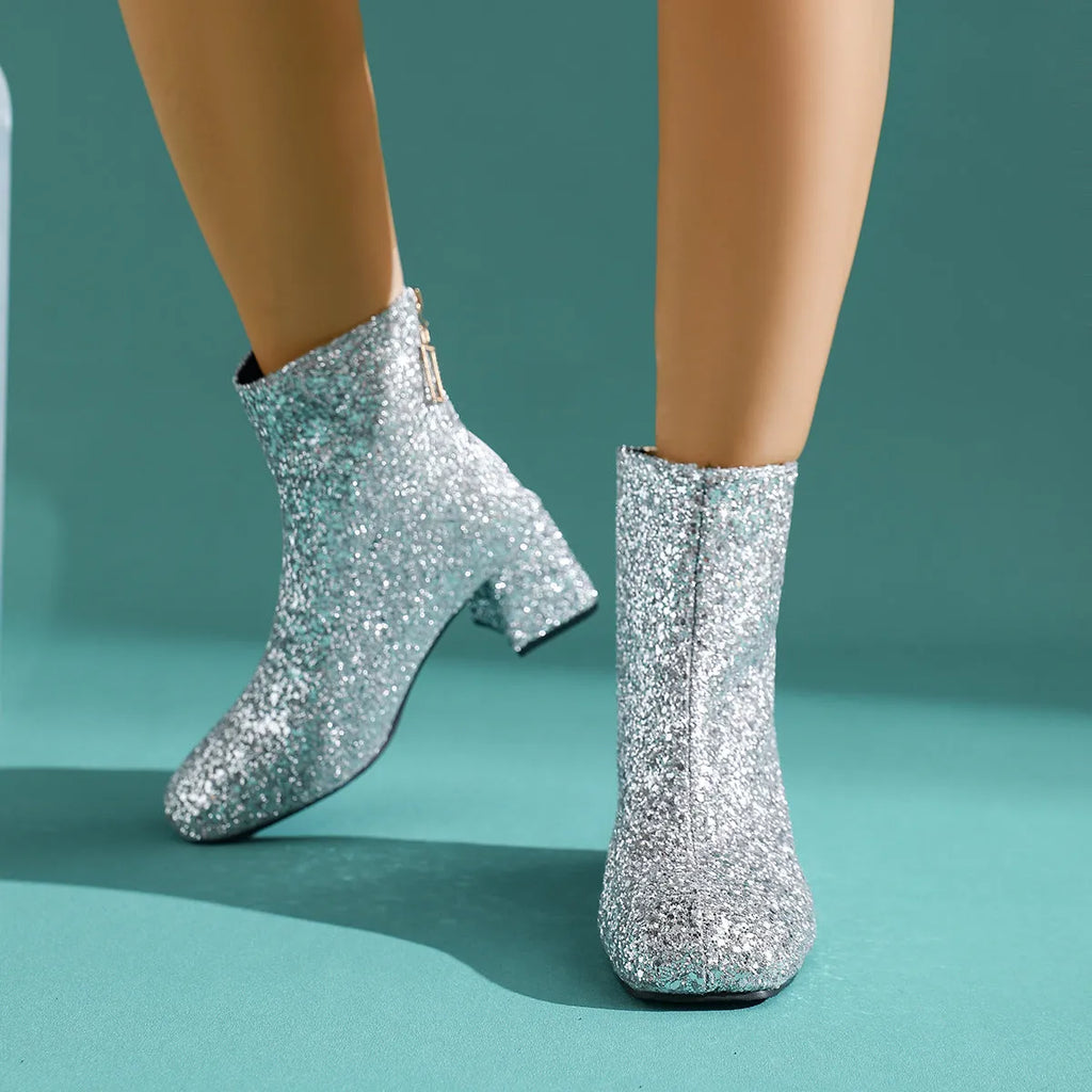 Plus size sequin high heel shoes in black with chunky heel and pointed toe, back zipper, mid-calf sock length