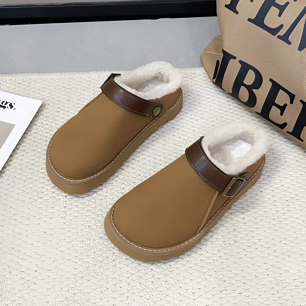 Women's brown suede snow boots with plush lining and rubber sole