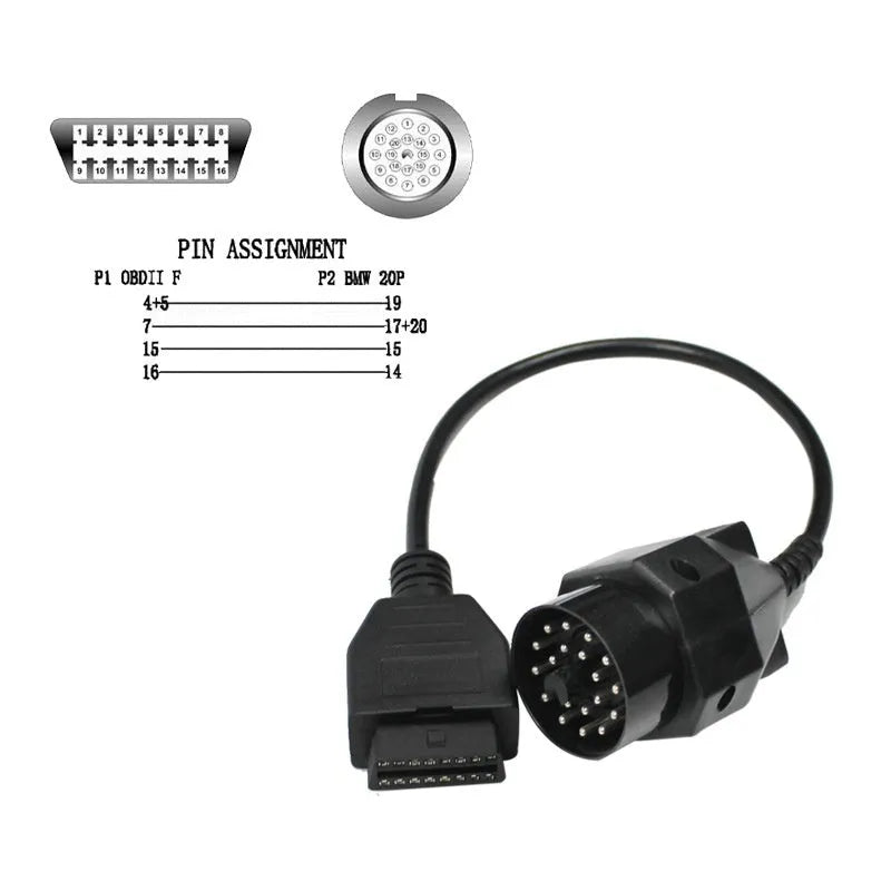 BMW 20-pin male to standard 16-pin OBD2 female diagnostic adapter cable on a workshop bench.