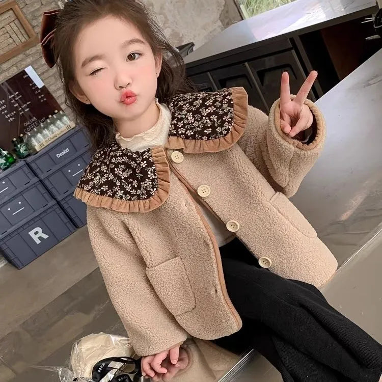 Mori style girls' fleece-lined khaki coat with long sleeves for winter, available in heights 80-140cm