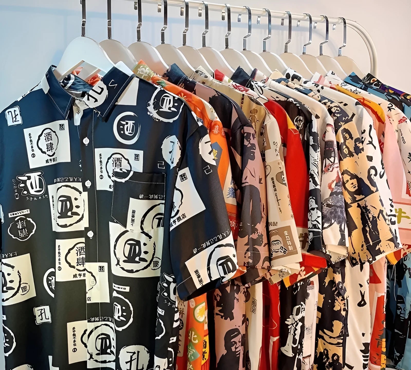 Man wearing a loose fit short sleeve shirt with a full floral printed pattern, buttoned up with a collar.