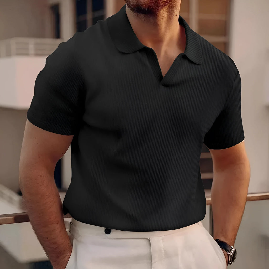Men's slim fit summer T-shirt with waffle texture and lapels in black, grey, khaki, blue or white