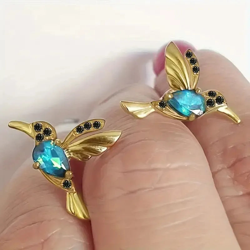 Long style bird hanging earrings with mixed zirconium wings, approximately 20-24cm length