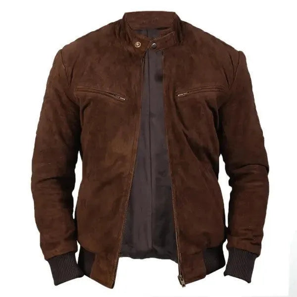 Vintage brown suede jacket for men with front zipper and size stick pockets, long sleeves, and straight hem.
