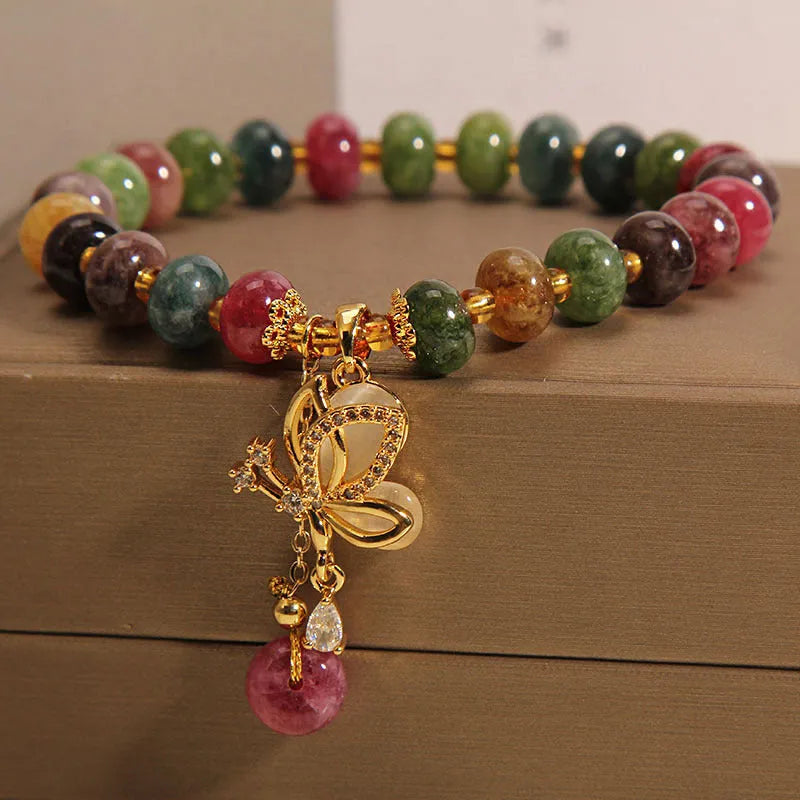 Women's colourful butterfly charm bracelet with alloy and tourmaline beads