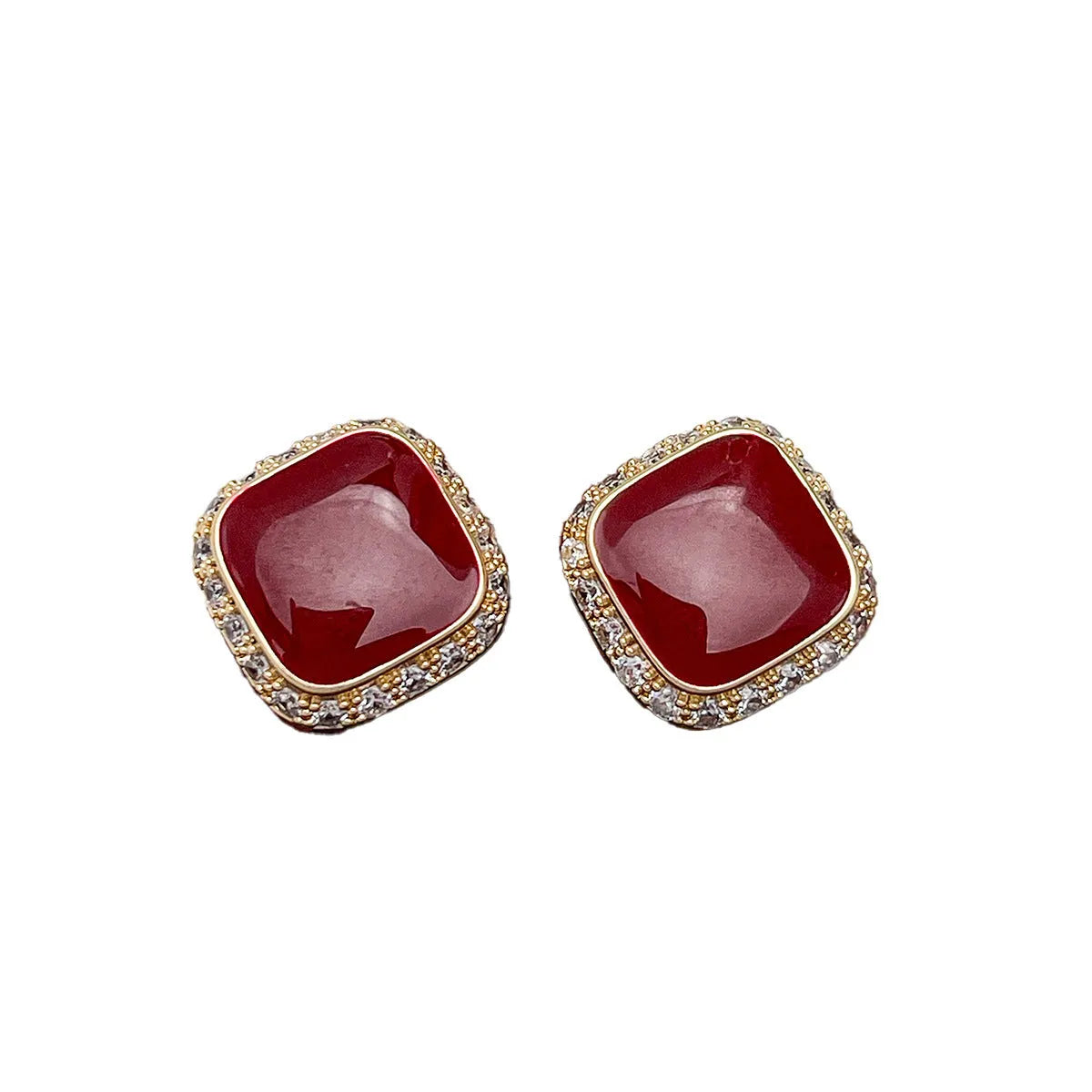 Retro red geometric square alloy earrings with inlaid detailing and seiko treatment