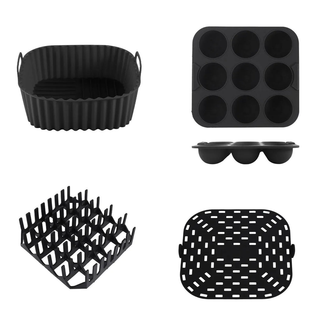 Black square silicone baking tray set for air fryer, four pieces, modern simple style