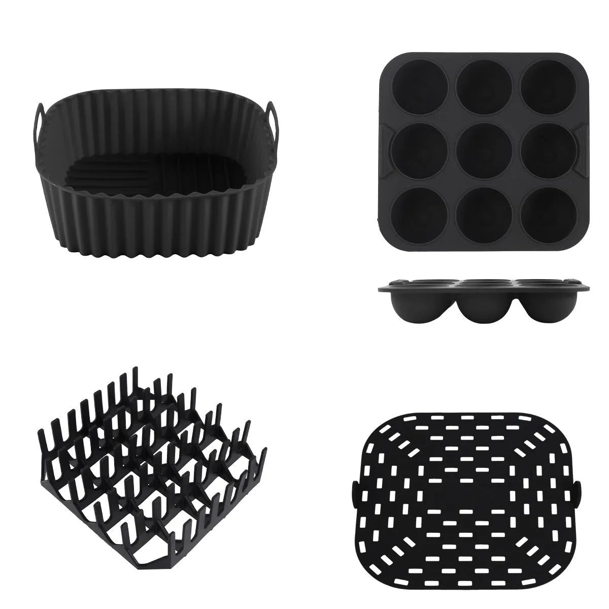 Black square silicone baking tray set for air fryer, four pieces, modern simple style