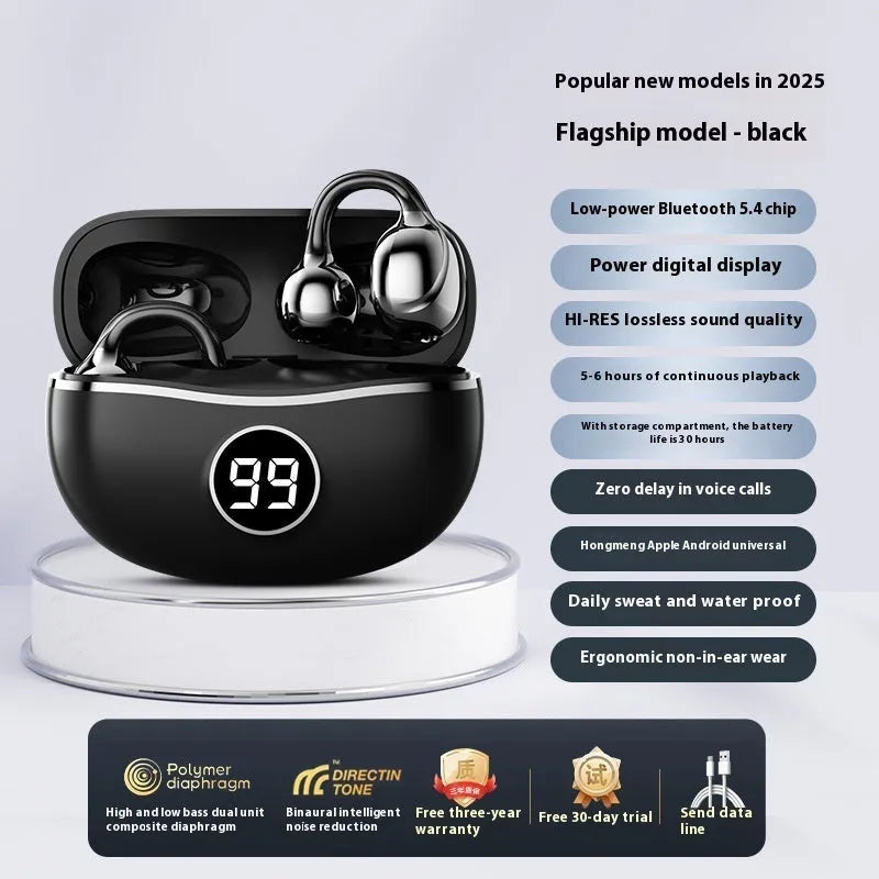 D151 wireless bone conduction headset in black with digital display and blue light, placed on a reflective surface