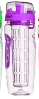 32oz Tritan plastic fruit infuser water bottle with removable infuser cup, shown in one of seven style options.