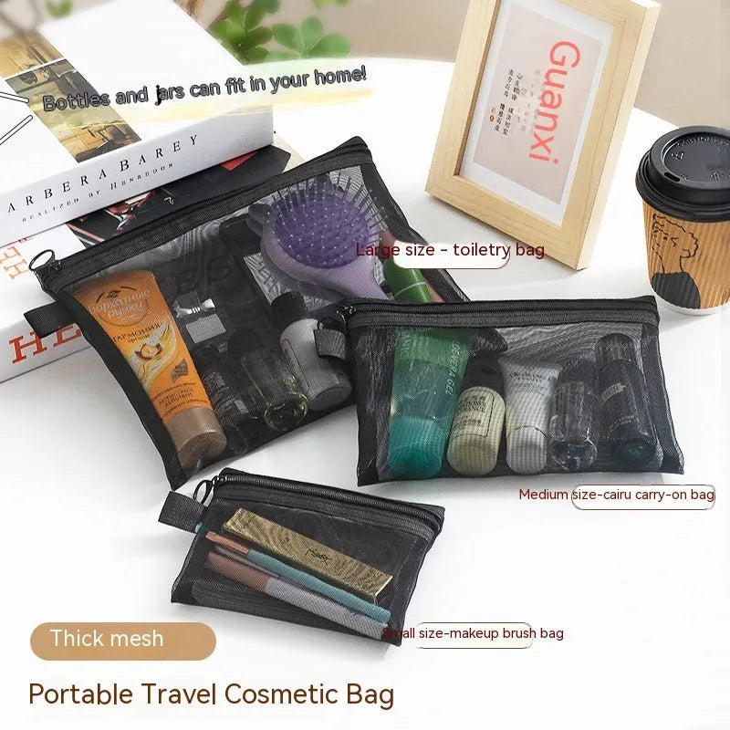 Transparent nylon mesh cosmetics storage bag with zipper in three sizes