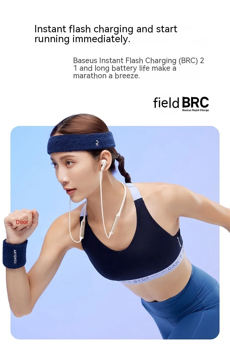 Wireless halter Bluetooth sport headset in black with binaural earbuds and neck-hanging design