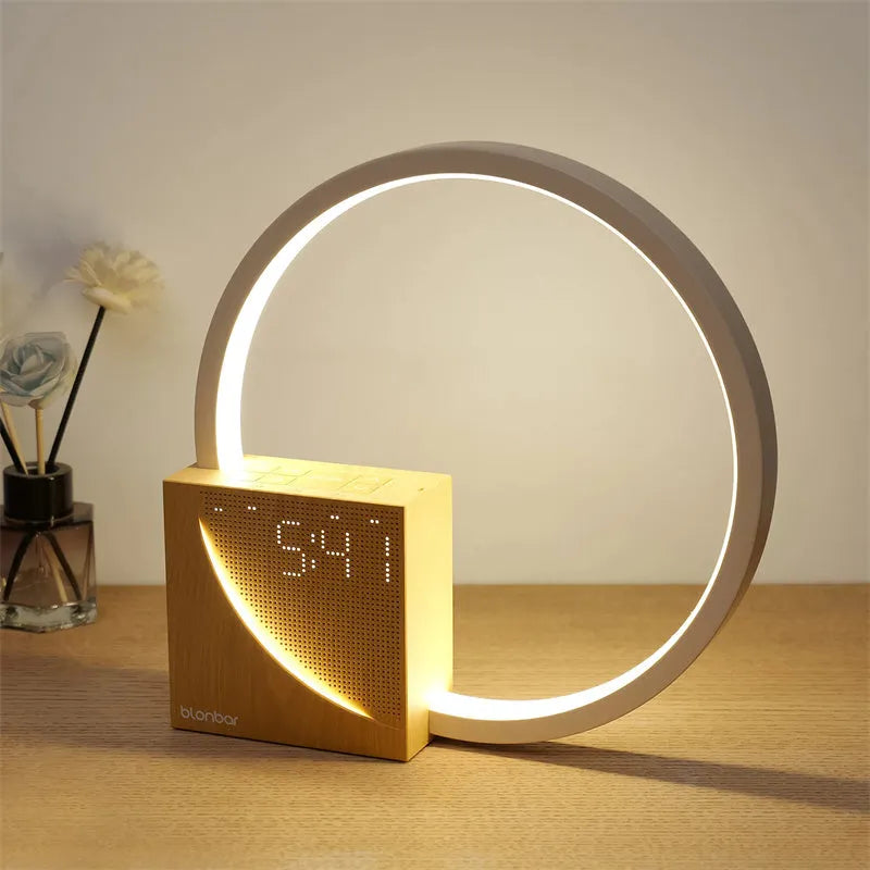 Navy blue wooden touch control bedside lamp with digital alarm clock display and natural sound functions