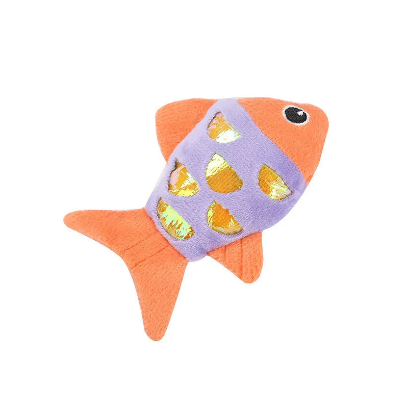Two small fish-shaped cat toys with plush exterior in assorted colours